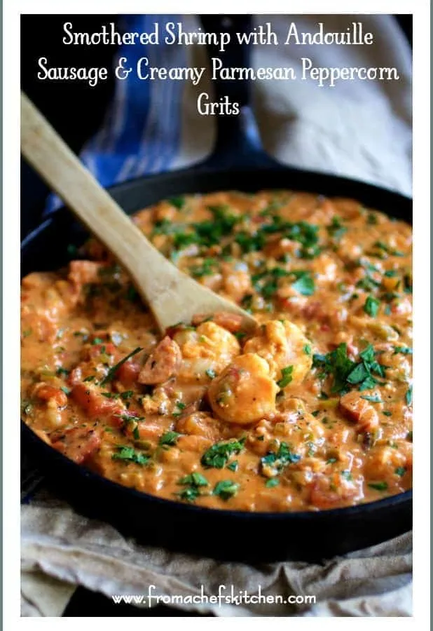 Andouille Cheese Grits Smothered With Creamy Crawfish Sau