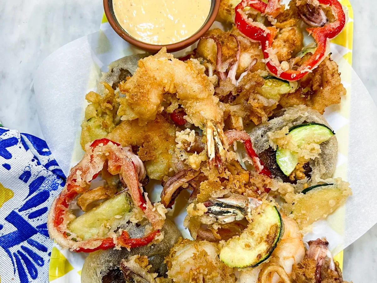 Asparagus Frito Misto With Aioli & Tomato−Prosciutto Reli