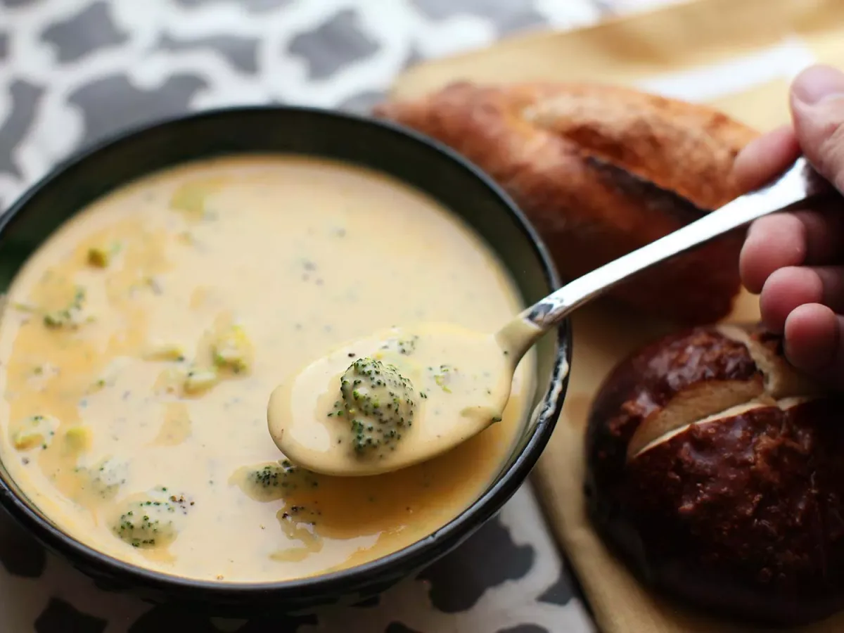Cheddar Cheese And Beer Soup With Tempura Broccoli