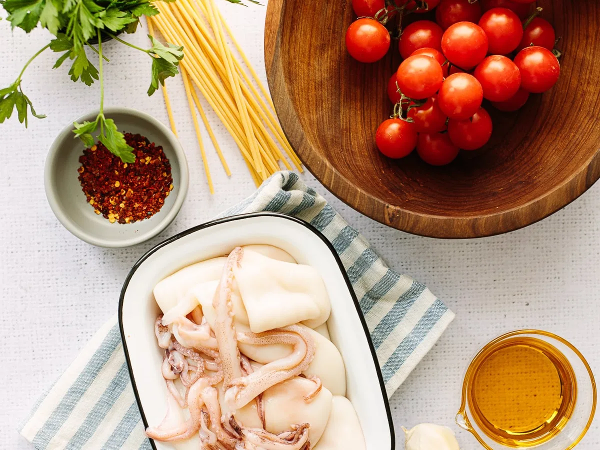 Fresh Pasta With Tomatoes And Calamari
