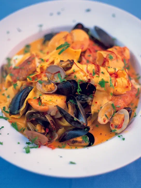 Tagliatelle with Saffron, Seafood, and Cream
